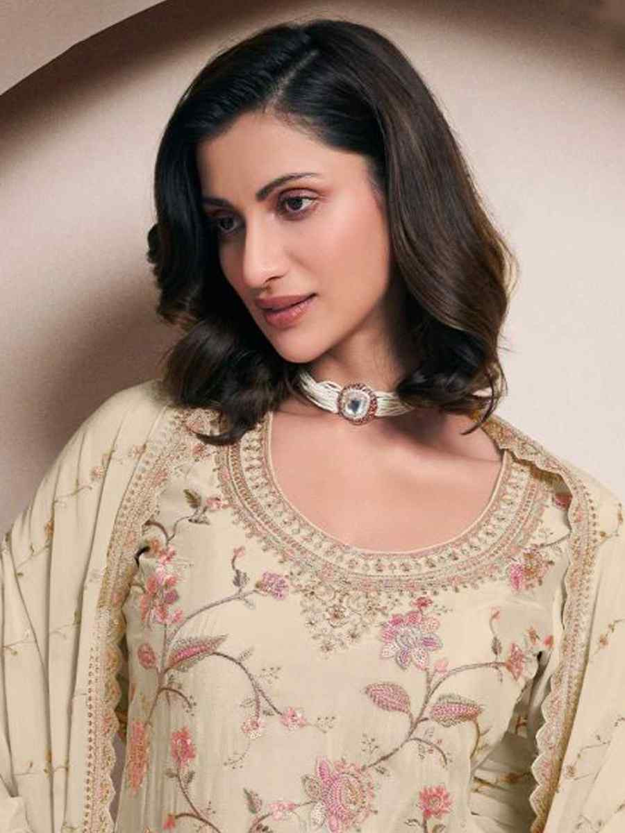 Off-White Heavy Chinon Embroidered Festival Casual Sharara Pant Salwar Kameez