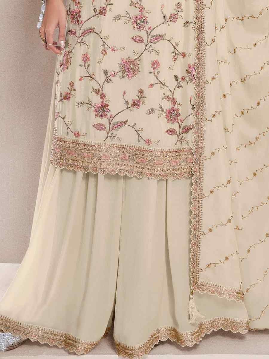 Off-White Heavy Chinon Embroidered Festival Casual Sharara Pant Salwar Kameez