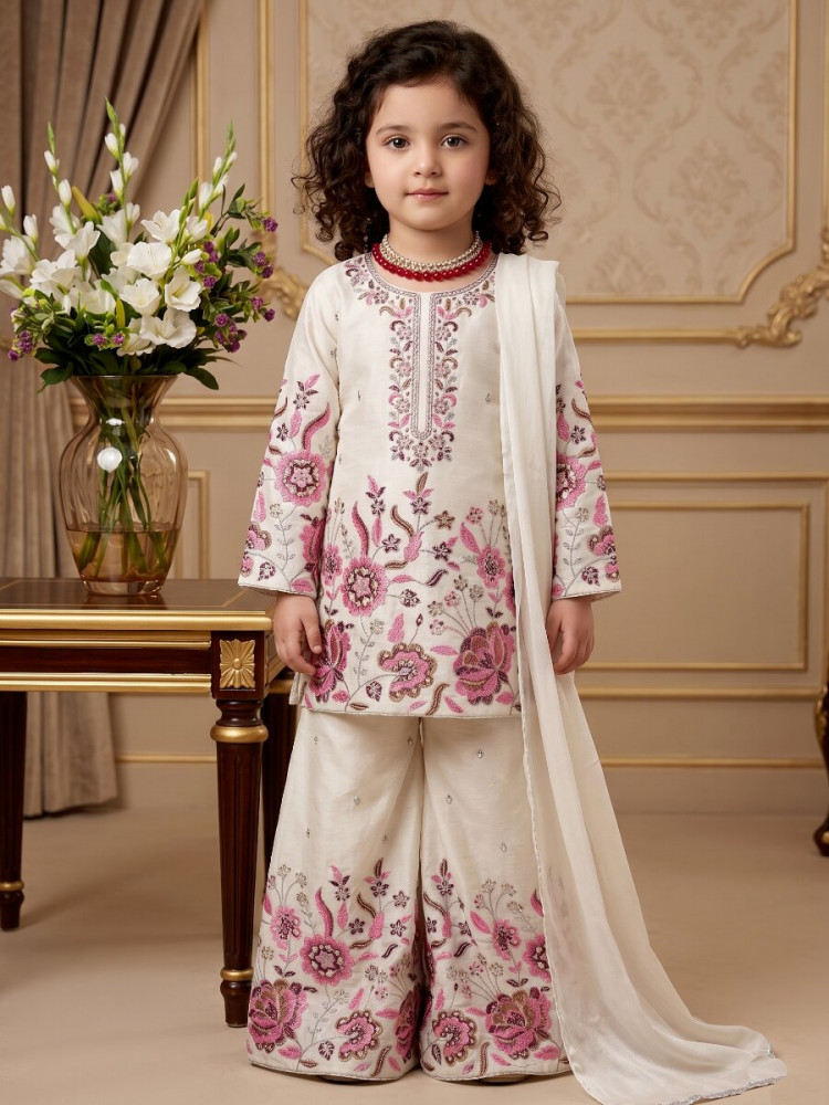 Image of Off White Heavy chinon silk Embroidered Sequins Ethnic Casual Festival Party Wedding Salwars Girls Wear