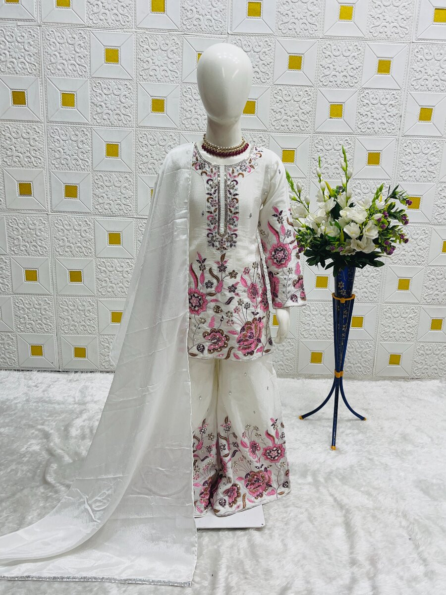 Off White Heavy chinon silk Embroidered Sequins Ethnic Casual Festival Party Wedding Salwars Girls Wear