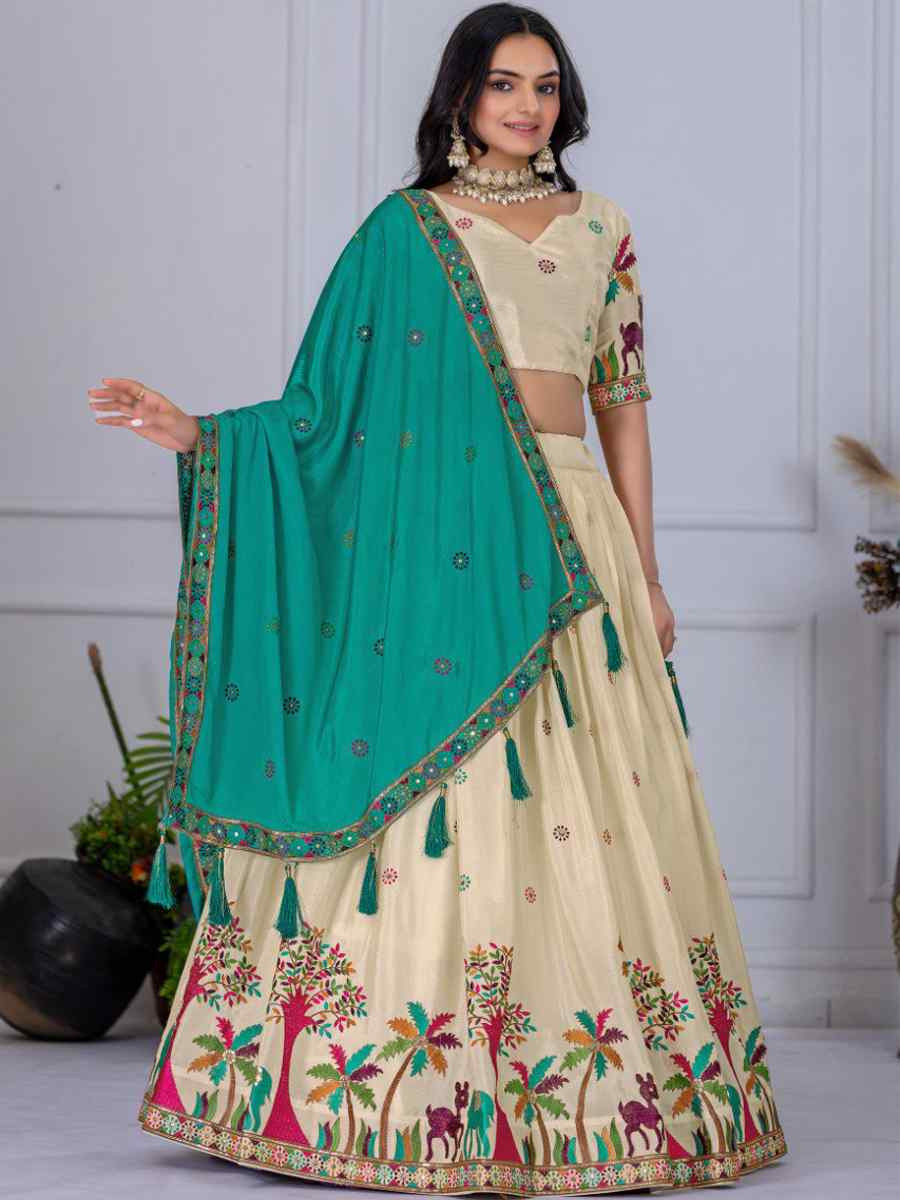 Off-White Heavy Chinon Silk Embroidery Wedding Reception Festival Heavy Border Lehenga Choli