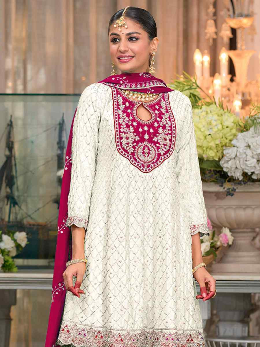 Off White Heavy ChinonEmbroidery Casual Festival Doti Pant Salwar Kameez