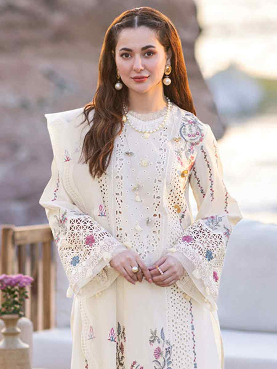 Off-White Heavy Cotton Embroidered Festival Wedding Lawn Salwar Kameez