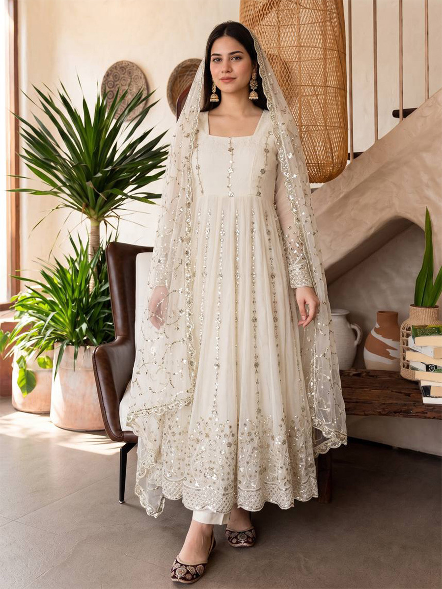 Off White Heavy Fandy Silk Embroidery Sequins Zari Wedding Party Festival Casual Ready Anarkali Pant Salwar Kameez