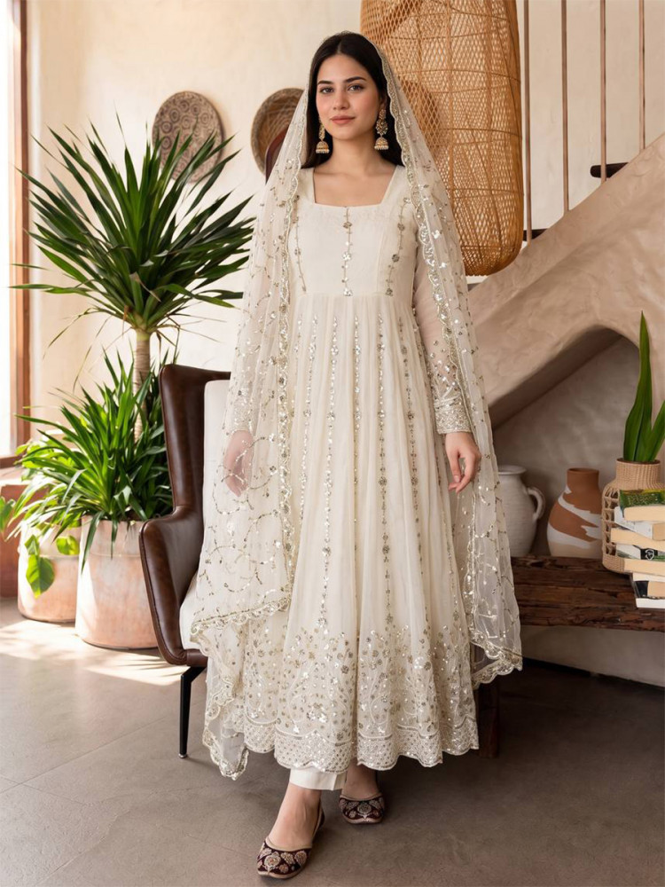 Image of Off White Heavy Fandy Silk Embroidery Sequins Zari Wedding Party Festival Casual Ready Anarkali Pant Salwar Kameez