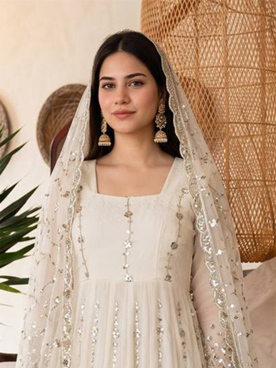 Off White Heavy Fandy Silk Embroidery Sequins Zari Wedding Party Festival Casual Ready Anarkali Pant Salwar Kameez