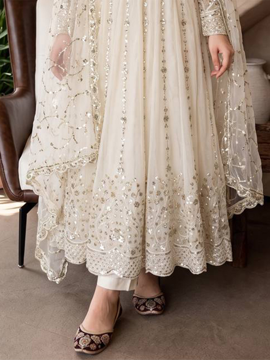 Off White Heavy Fandy Silk Embroidery Sequins Zari Wedding Party Festival Casual Ready Anarkali Pant Salwar Kameez