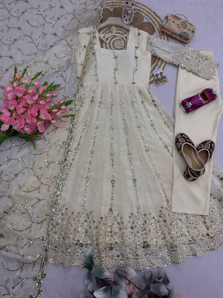 Off White Heavy Fandy Silk Embroidery Sequins Zari Wedding Party Festival Casual Ready Anarkali Pant Salwar Kameez