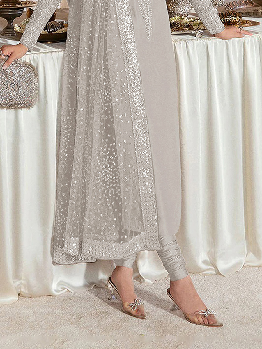 Off White Heavy Faux Georgette Embroidered Festival Party Pant Salwar Kameez