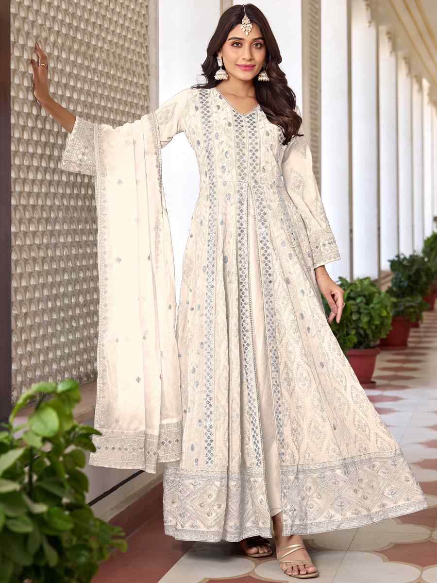 Off White Heavy Faux Georgette Embroidered Festival Wedding Anarkali Salwar Kameez