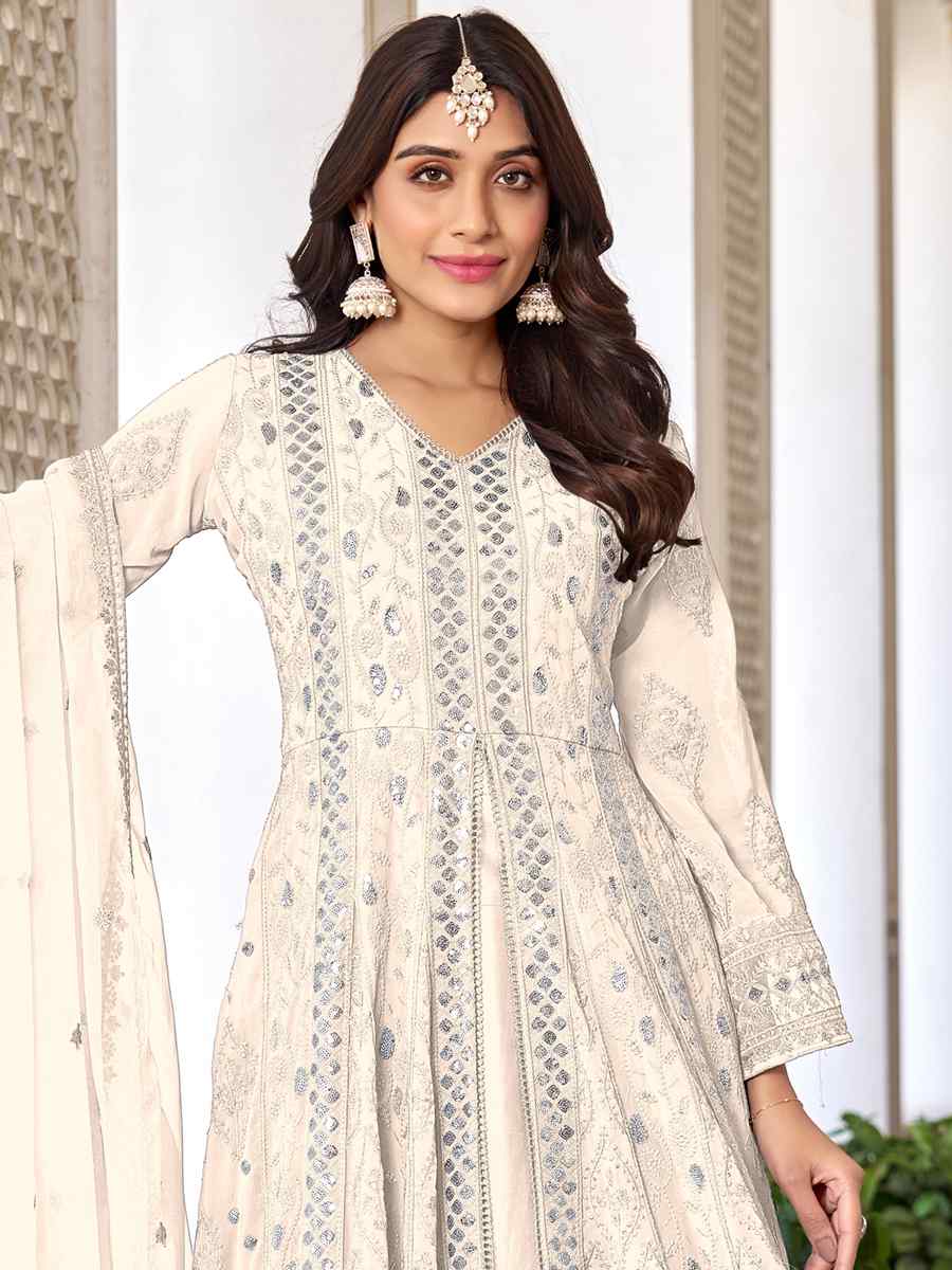 Off White Heavy Faux Georgette Embroidered Festival Wedding Anarkali Salwar Kameez