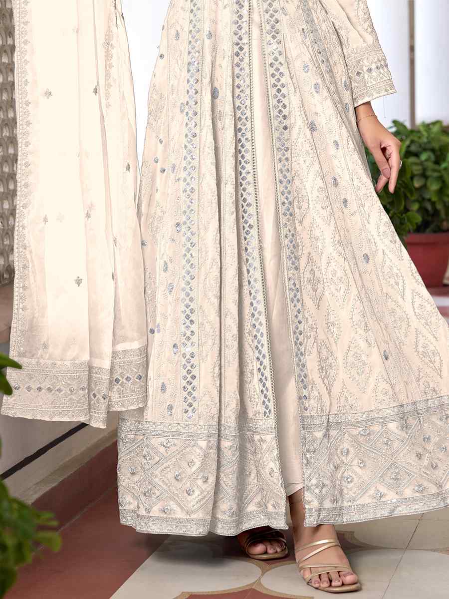 Off White Heavy Faux Georgette Embroidered Festival Wedding Anarkali Salwar Kameez