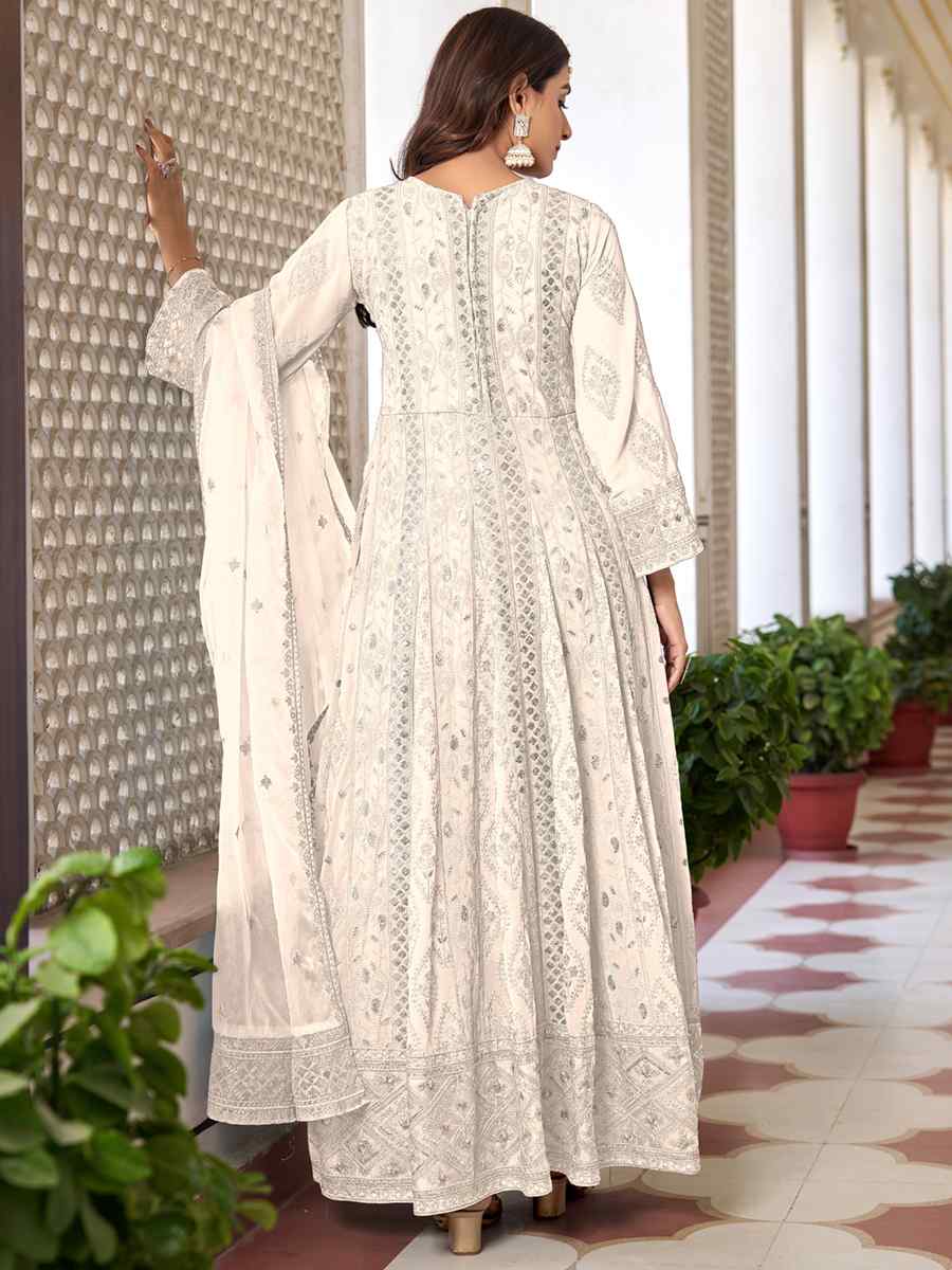 Off White Heavy Faux Georgette Embroidered Festival Wedding Anarkali Salwar Kameez