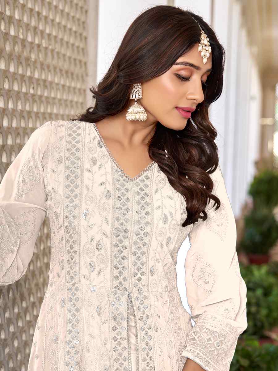 Off White Heavy Faux Georgette Embroidered Festival Wedding Anarkali Salwar Kameez