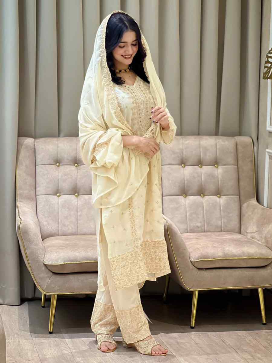 Off-White Heavy Foux Georgette Embroidery Party Wedding Festival Casual Ready Pant Salwar Kameez