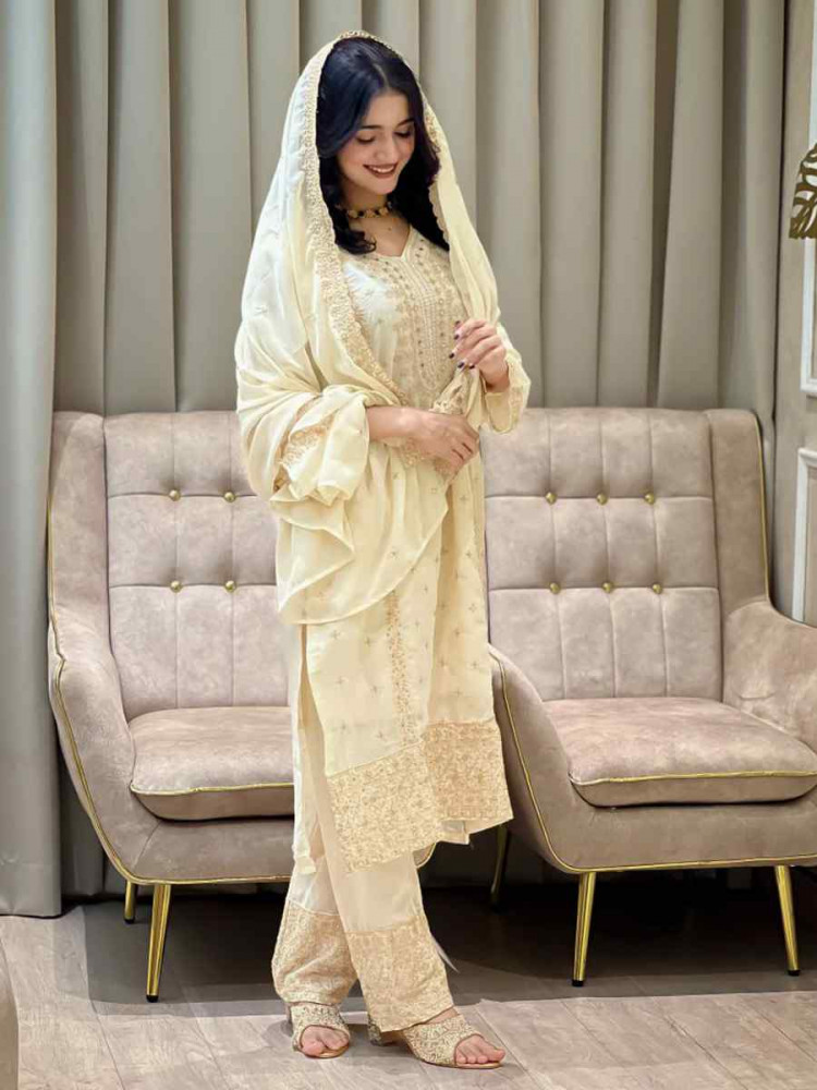 Image of Off-White Heavy Foux Georgette Embroidery Party Wedding Festival Casual Ready Pant Salwar Kameez