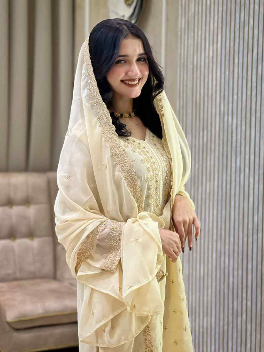 Off-White Heavy Foux Georgette Embroidery Party Wedding Festival Casual Ready Pant Salwar Kameez