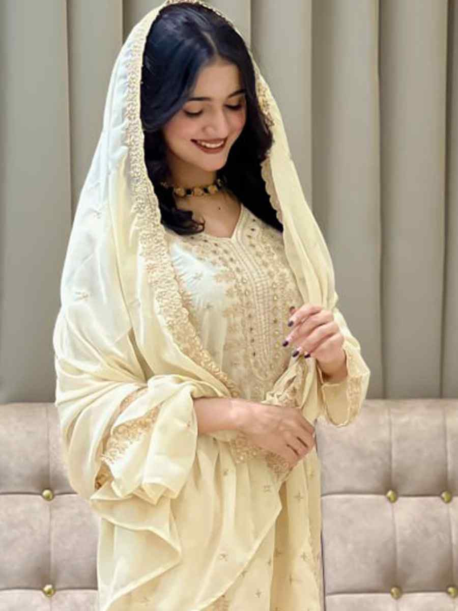 Off-White Heavy Foux Georgette Embroidery Party Wedding Festival Casual Ready Pant Salwar Kameez