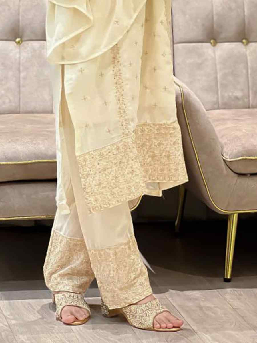 Off-White Heavy Foux Georgette Embroidery Party Wedding Festival Casual Ready Pant Salwar Kameez