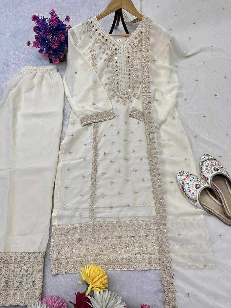 Off-White Heavy Foux Georgette Embroidery Party Wedding Festival Casual Ready Pant Salwar Kameez