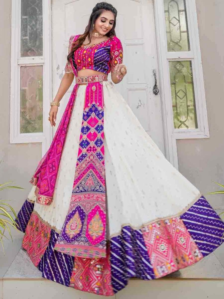 Off White Heavy Jacquard Embroidered Festival Ready Circular Lehenga Choli