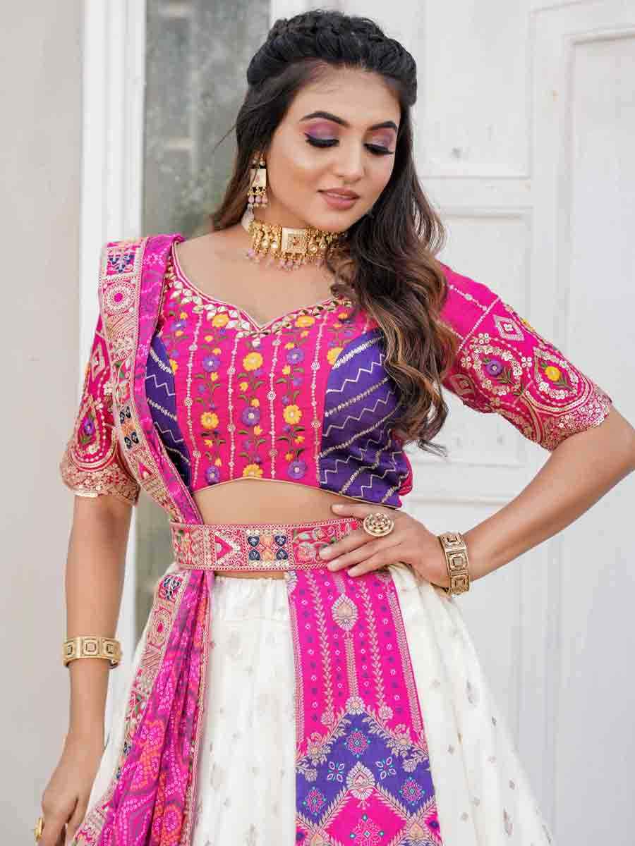 Off White Heavy Jacquard Embroidered Festival Ready Circular Lehenga Choli