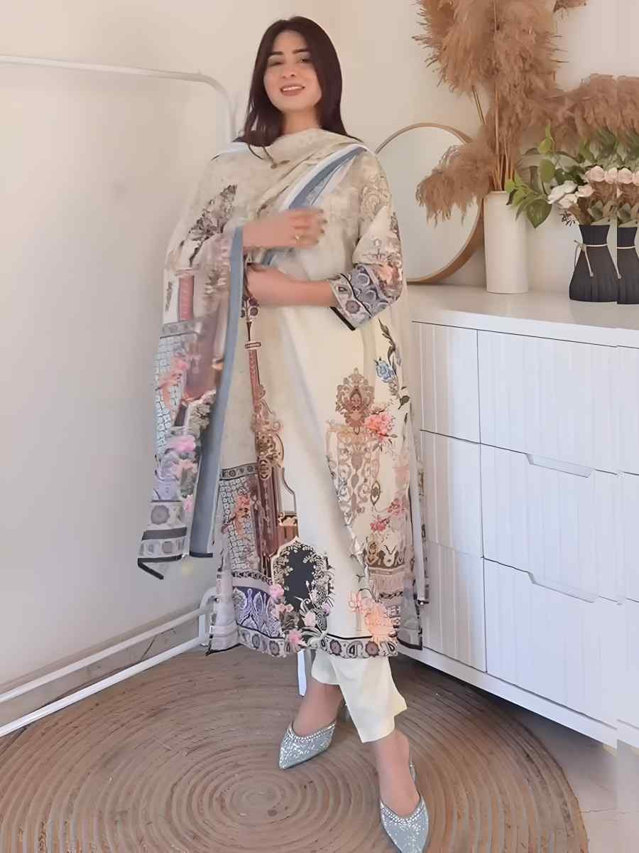 Off-White Heavy Muslim Cotton Printed Festival Casual Ready Pant Salwar Kameez