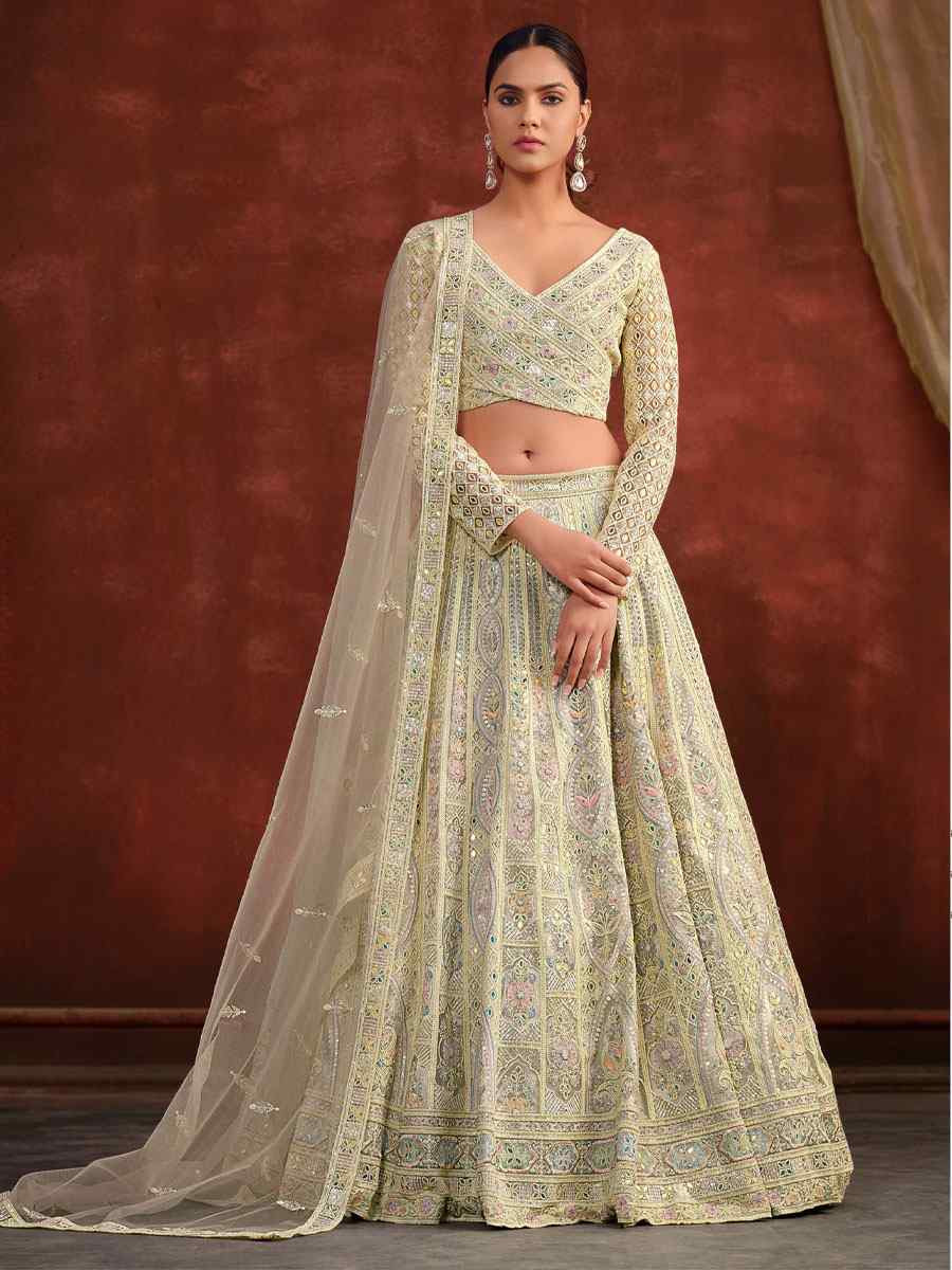 Off-White Heavy Net With Banglory Silk Inner Embroidered Printed Wedding Reception Festival Heavy Border Lehenga Choli