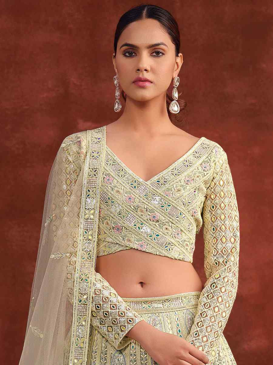 Off-White Heavy Net With Banglory Silk Inner Embroidered Printed Wedding Reception Festival Heavy Border Lehenga Choli
