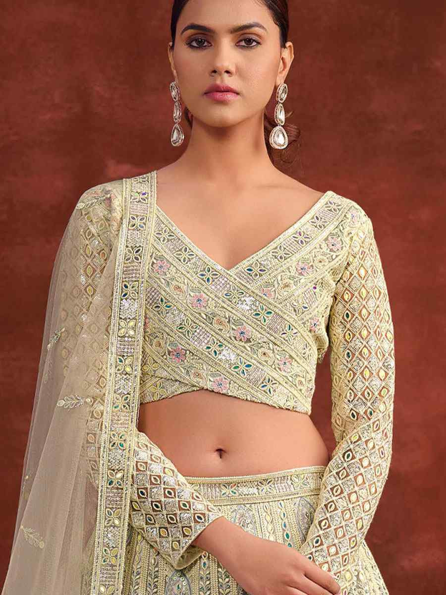Off-White Heavy Net With Banglory Silk Inner Embroidered Printed Wedding Reception Festival Heavy Border Lehenga Choli