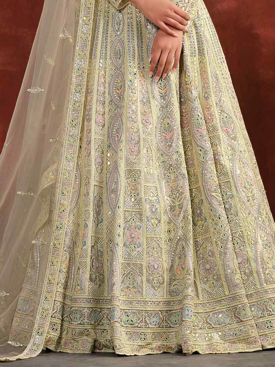 Off-White Heavy Net With Banglory Silk Inner Embroidered Printed Wedding Reception Festival Heavy Border Lehenga Choli