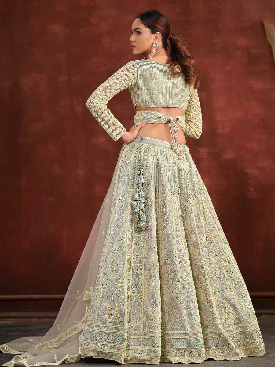 Off-White Heavy Net With Banglory Silk Inner Embroidered Printed Wedding Reception Festival Heavy Border Lehenga Choli