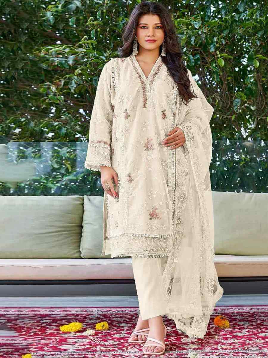 Off-White Heavy Organza Embroidered Festival Casual Pant Salwar Kameez