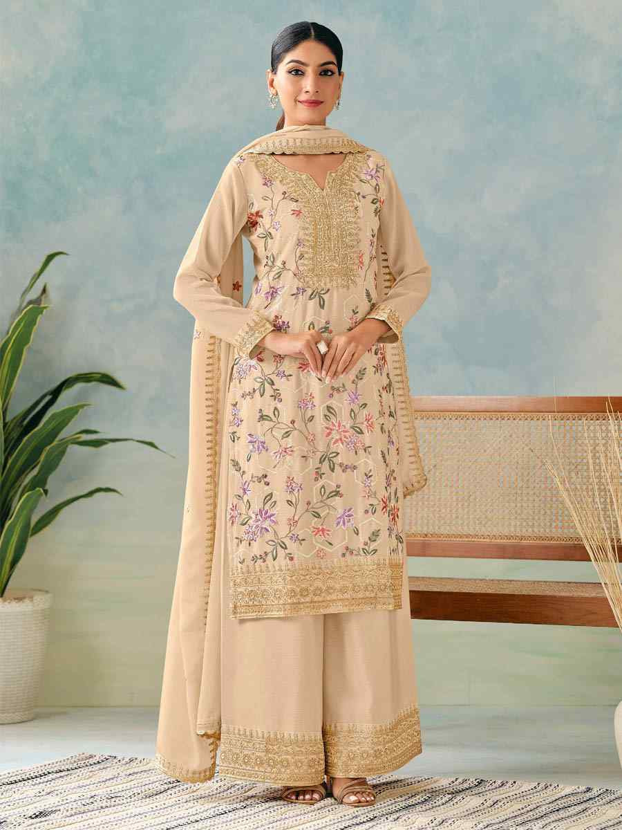 Off-White Heavy Premium Chinon Embroidered Festival Casual Ready Palazzo Pant Salwar Kameez