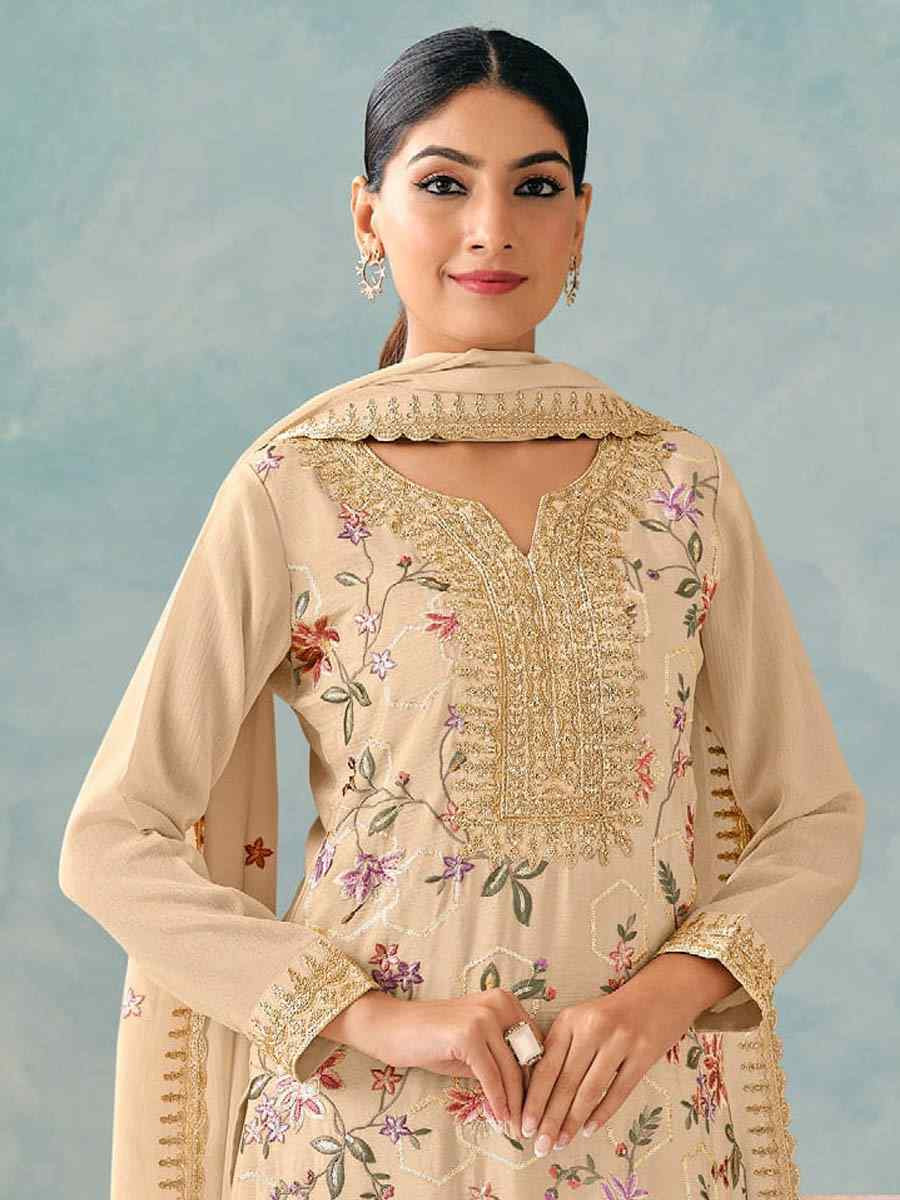 Off-White Heavy Premium Chinon Embroidered Festival Casual Ready Palazzo Pant Salwar Kameez