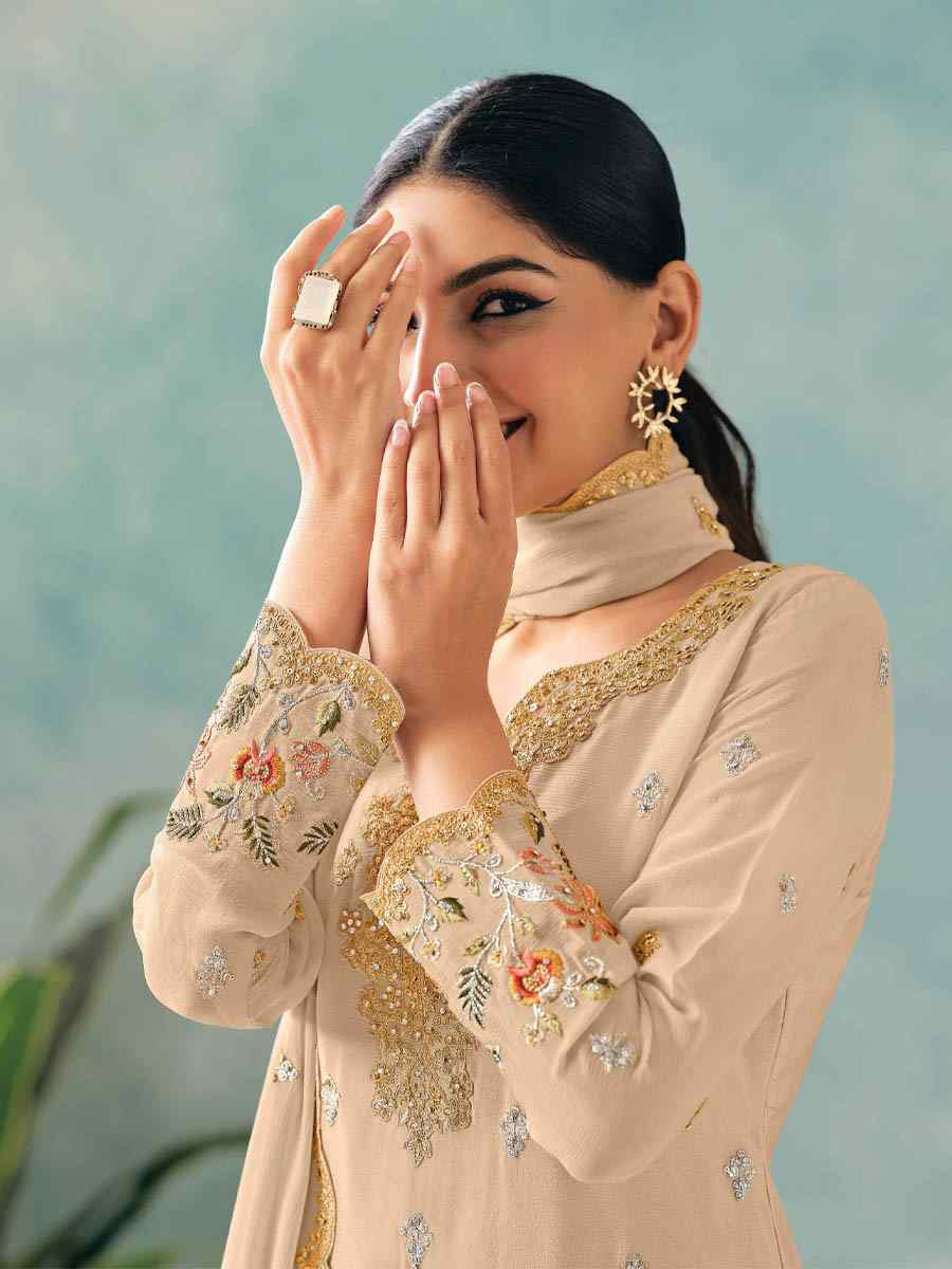 Off-White Heavy Premium Chinon Embroidered Festival Casual Ready Palazzo Pant Salwar Kameez