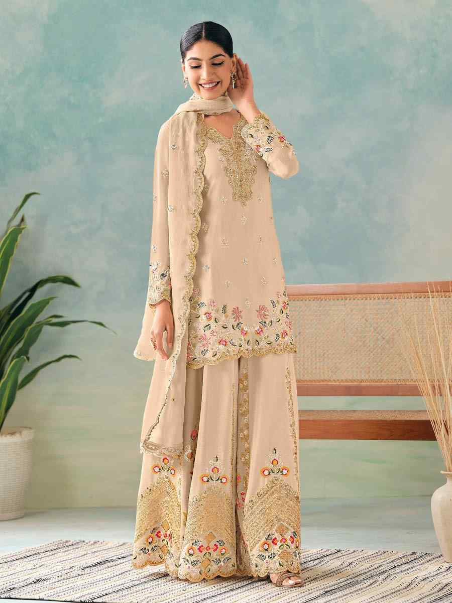 Off-White Heavy Premium Chinon Embroidered Festival Casual Ready Palazzo Pant Salwar Kameez