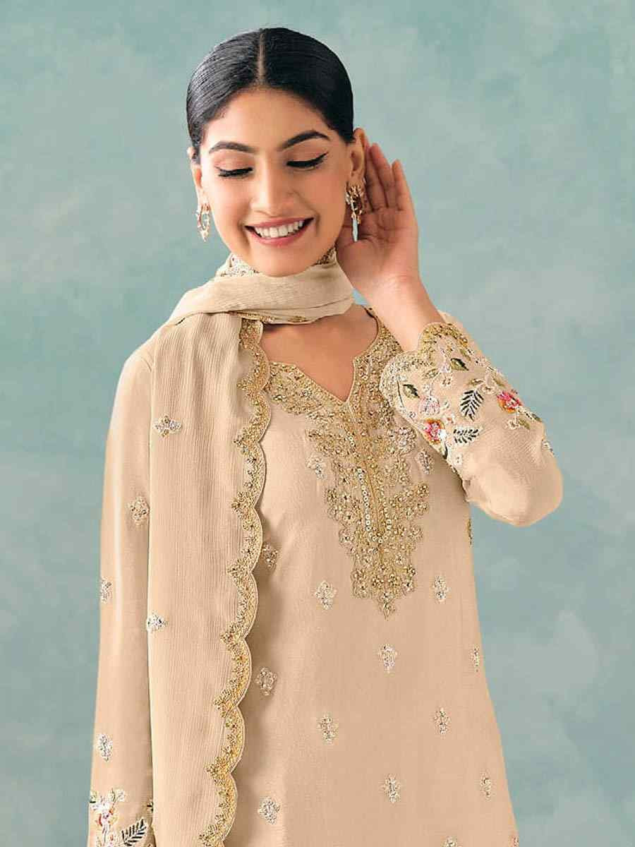 Off-White Heavy Premium Chinon Embroidered Festival Casual Ready Palazzo Pant Salwar Kameez