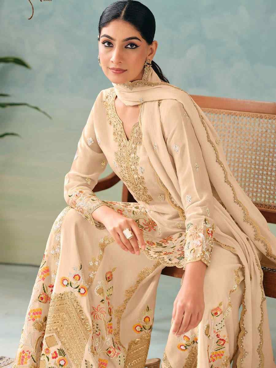 Off-White Heavy Premium Chinon Embroidered Festival Casual Ready Palazzo Pant Salwar Kameez