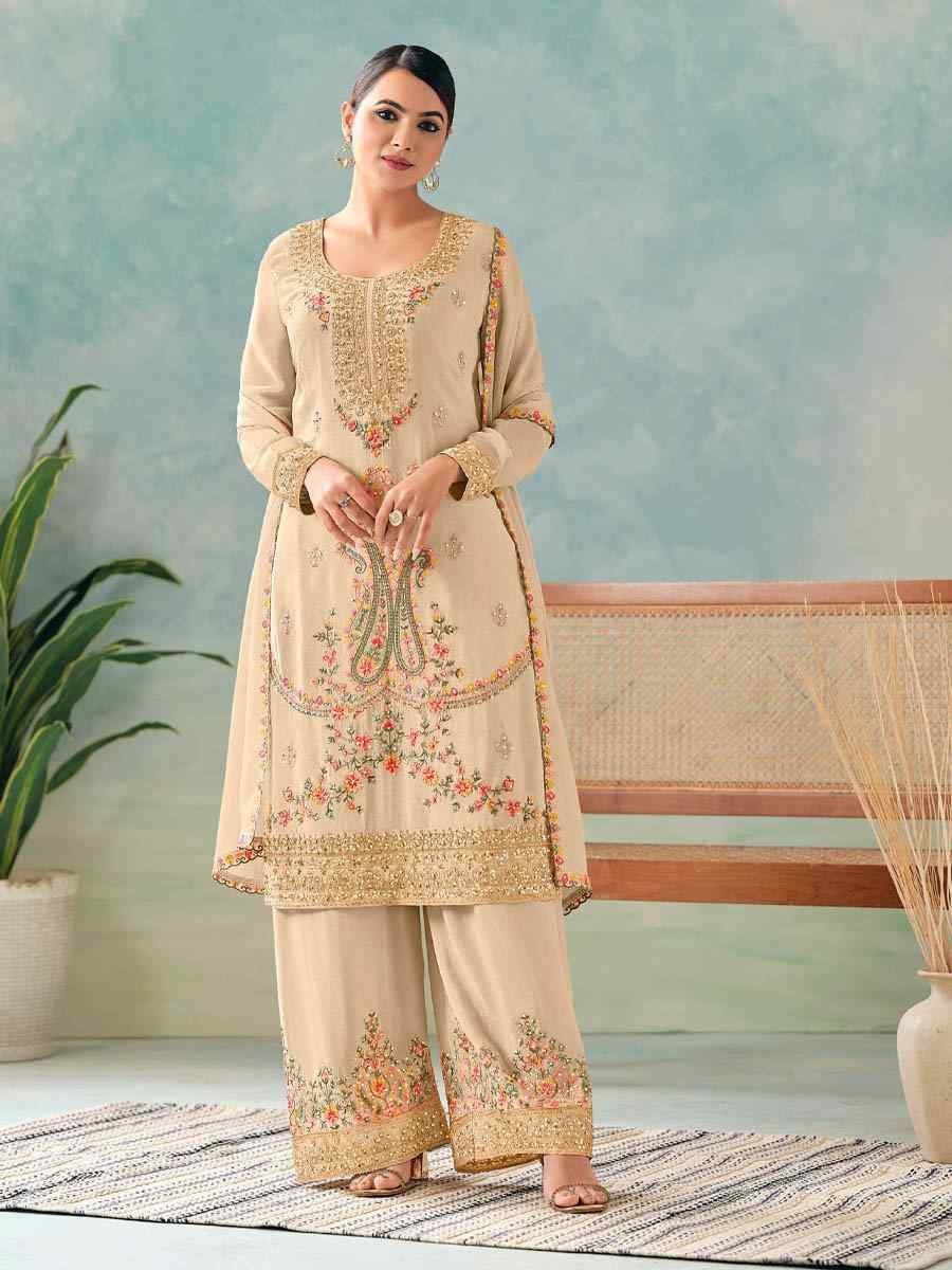 Off-White Heavy Premium Chinon Embroidered Festival Casual Ready Palazzo Pant Salwar Kameez