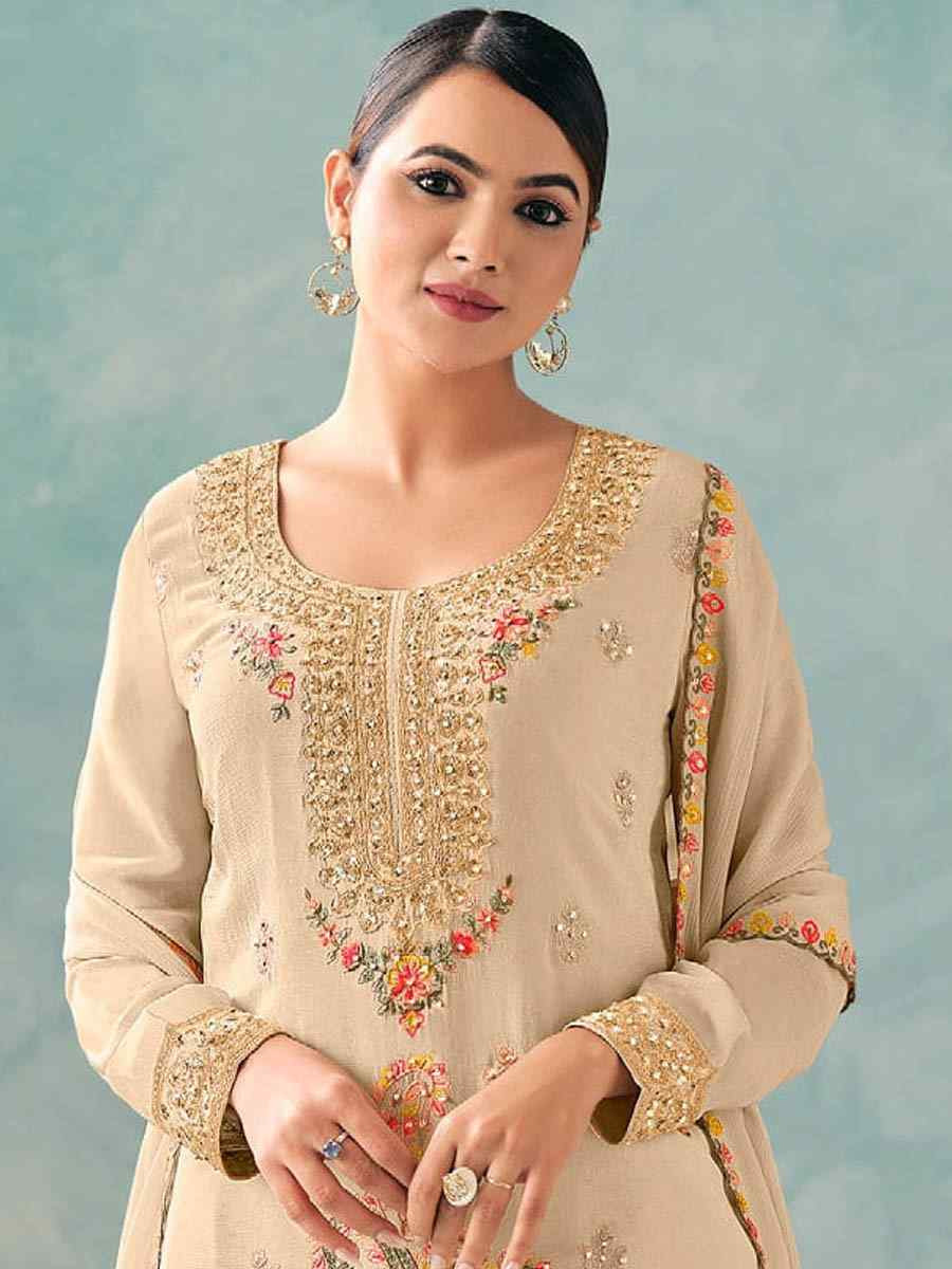 Off-White Heavy Premium Chinon Embroidered Festival Casual Ready Palazzo Pant Salwar Kameez