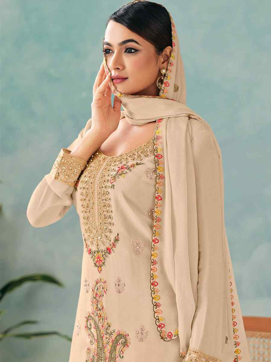 Off-White Heavy Premium Chinon Embroidered Festival Casual Ready Palazzo Pant Salwar Kameez