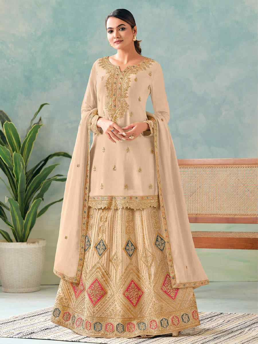 Off-White Heavy Premium Chinon Embroidered Festival Casual Ready Skirt Salwar Kameez