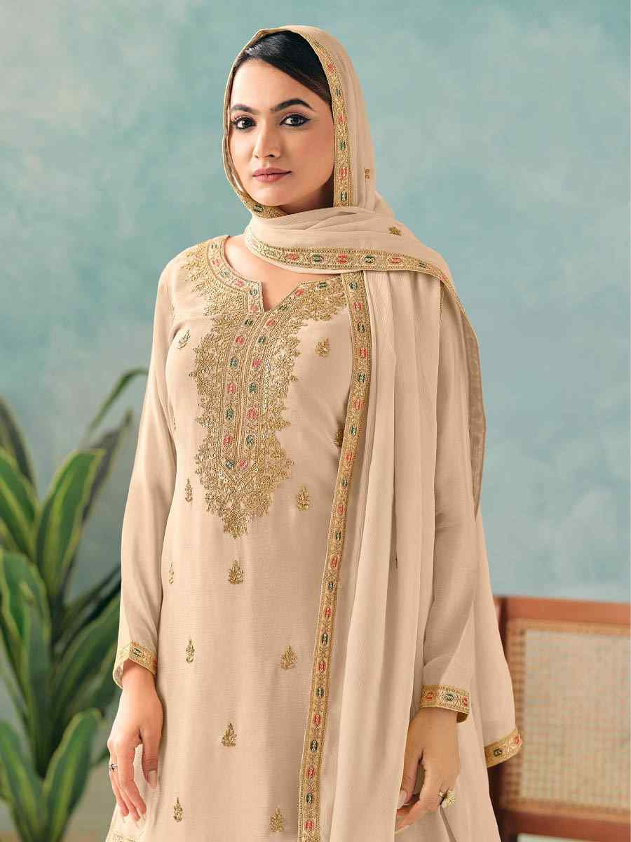 Off-White Heavy Premium Chinon Embroidered Festival Casual Ready Skirt Salwar Kameez