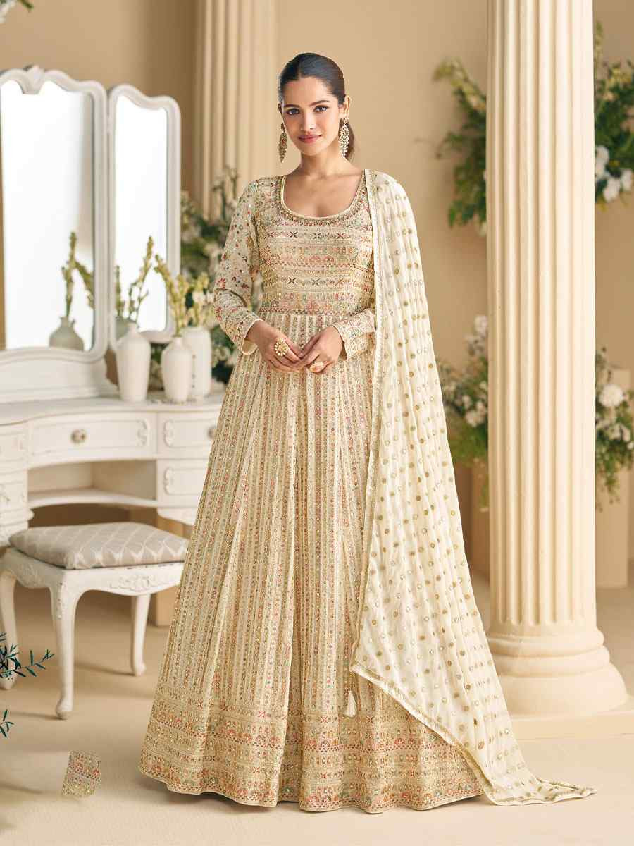 Off-White Heavy Real Georgette Embroidered Festival Casual Wedding Gown