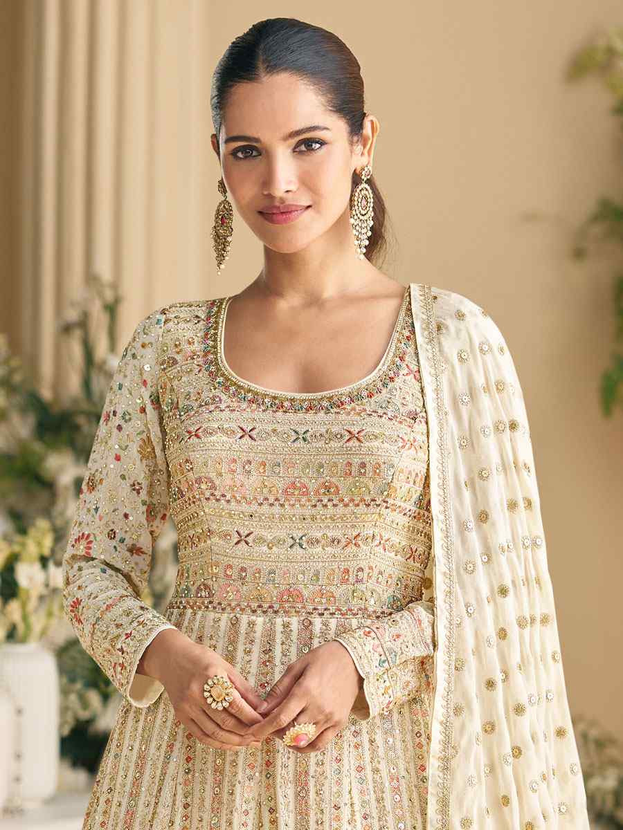 Off-White Heavy Real Georgette Embroidered Festival Casual Wedding Gown