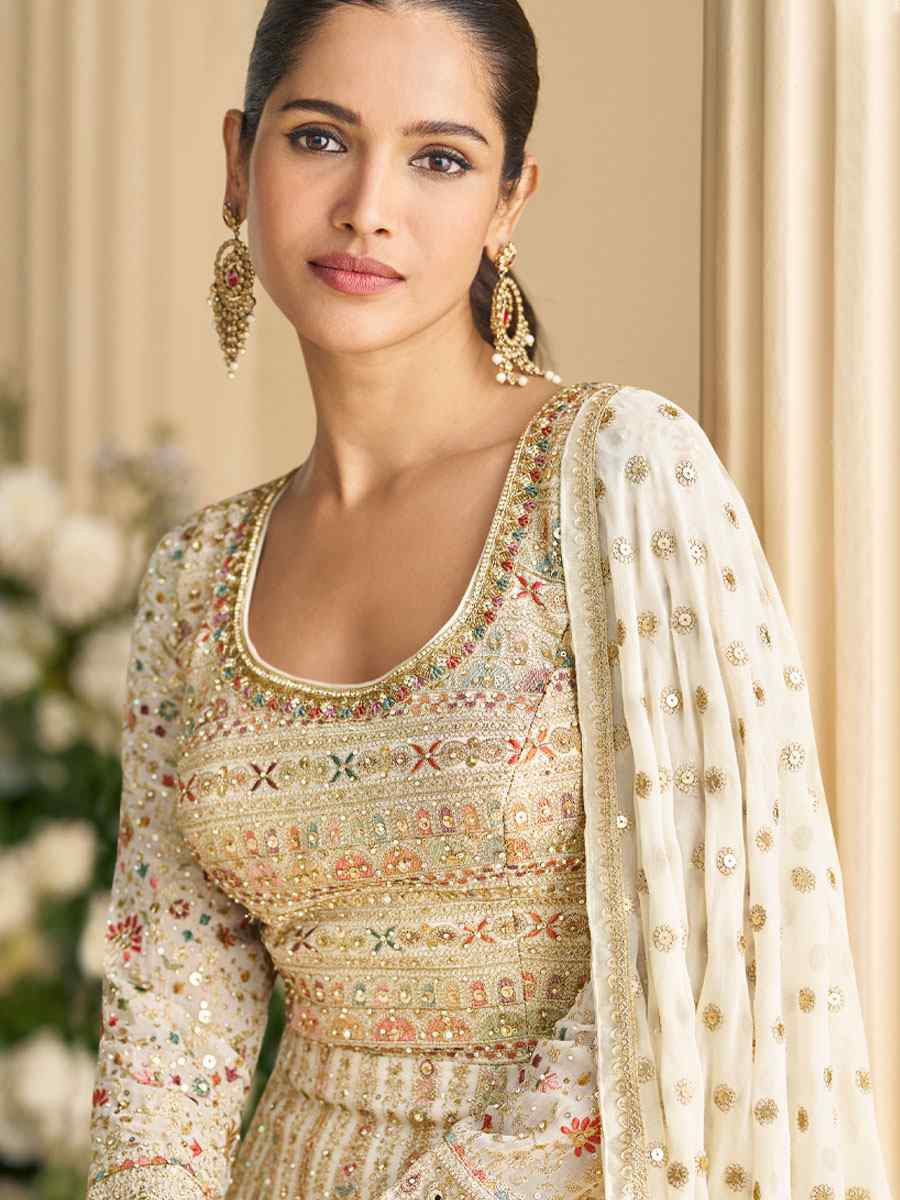 Off-White Heavy Real Georgette Embroidered Festival Casual Wedding Gown