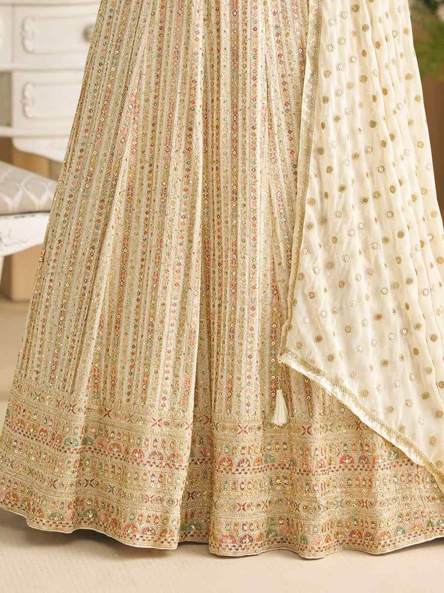 Off-White Heavy Real Georgette Embroidered Festival Casual Wedding Gown