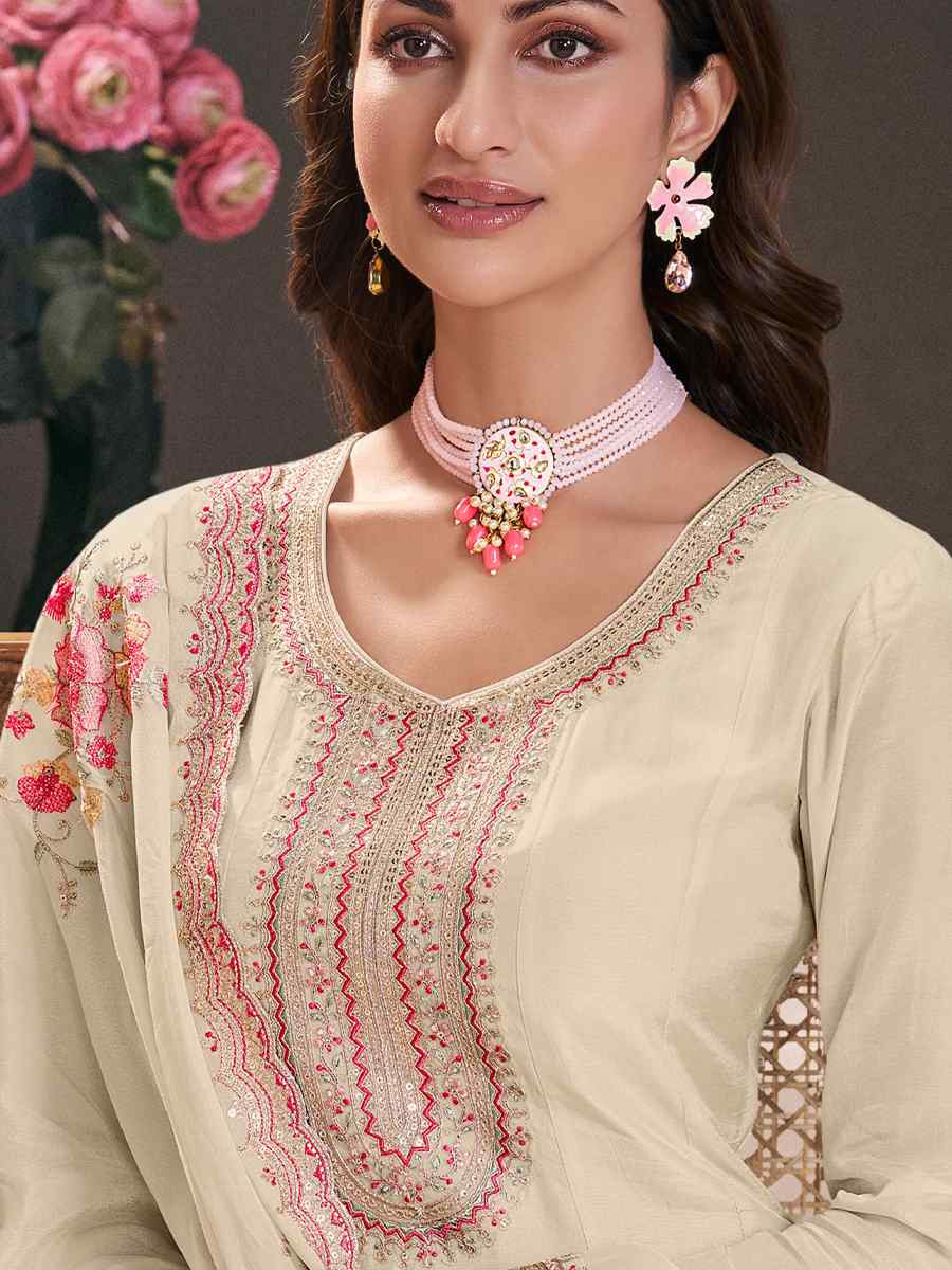 Off-White Heavy Silk Embroidered Festival Wedding Anarkali Salwar Kameez