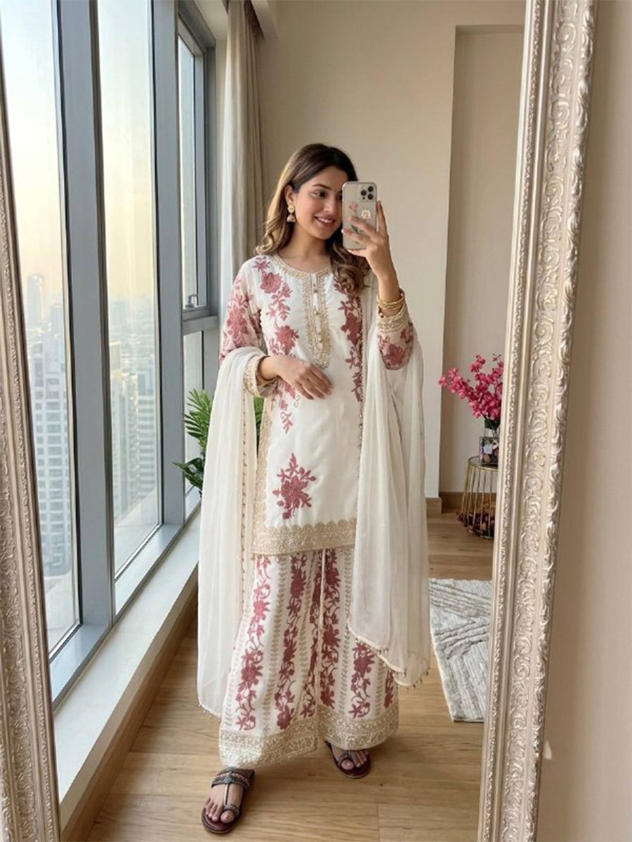Off White Heavy Star Georgette Embroidery Beads Work Wedding Party Festival Casual Ready Palazzo Pant Salwar Kameez